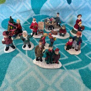 Set Of 9 Hand-Painted Ceramic Christmas Village Figurines - Winter Holiday Decor